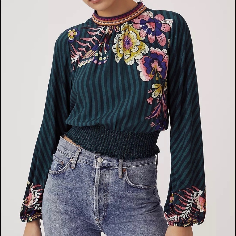 Anthropologie Bl-nk Embroidered Long Sleeve Smocked Bottom Hem Tie-Back Top